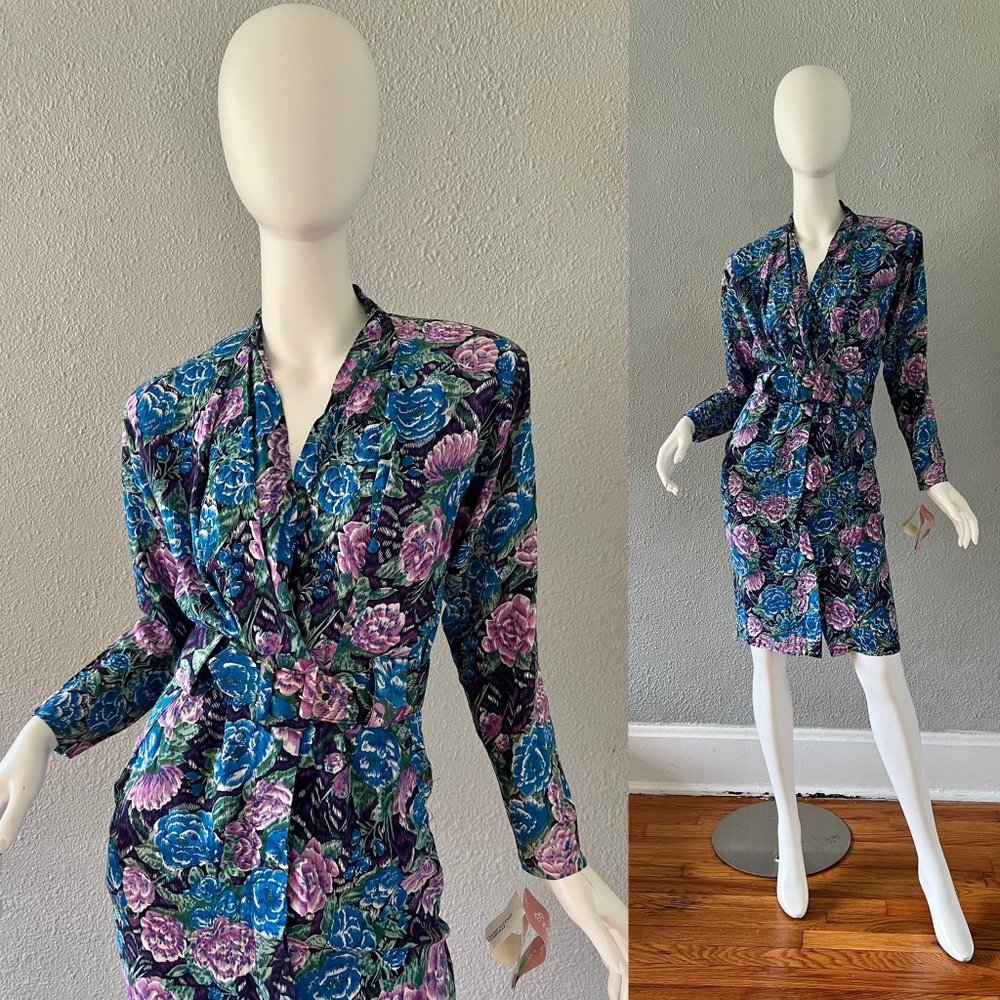 NWT Vintage 80s Blue Floral Belted Button Long Sleeve Wiggle Dress XS